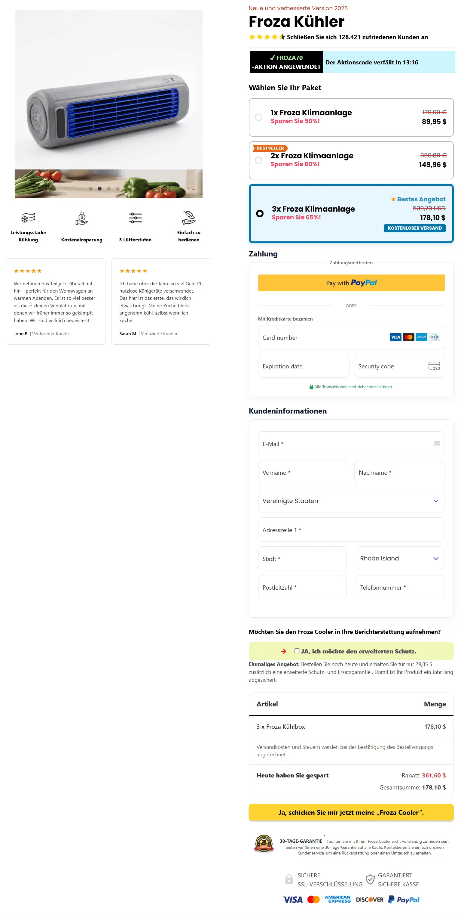 Sichere Checkout-Seite von Froza AC